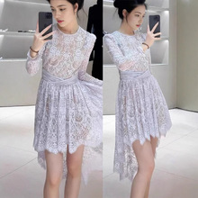 欧洲站明星同款2025春夏新款名媛气质不规则连衣裙甜美蕾丝仙女裙