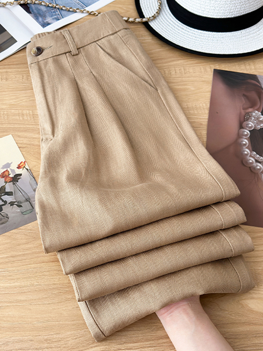 Quần ống rộng vải lanh Tencel cạp cao mỏng mùa hè — Màu đen, Màu hồng, Màu mơ, Kaki