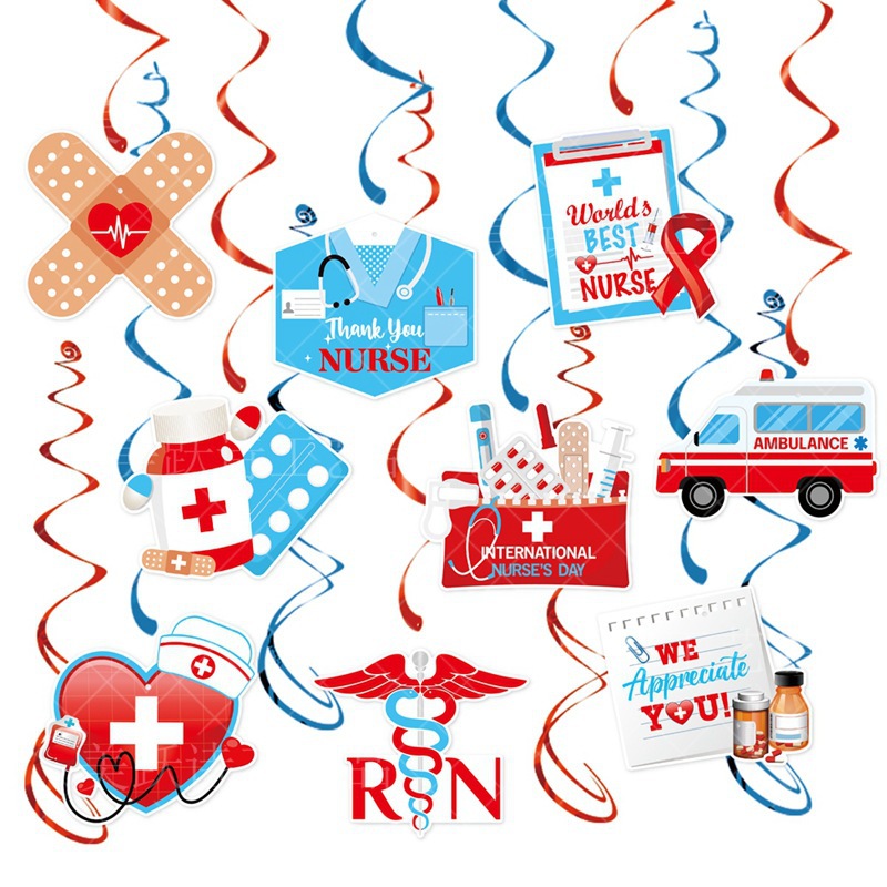 Europea y Americana enfermera decoración del partido del festival etiqueta en espiral diseño del techo enfermera espiral colgando decoración del Festival de la enfermera