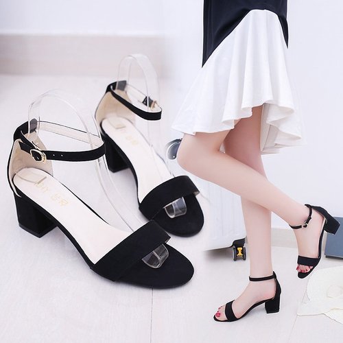 Summer New Women's Heels, Rough Heel, Toe-Show Leather Surface, Sexy One-Buckle Strap Sandals, Roman Sandals, Trendy