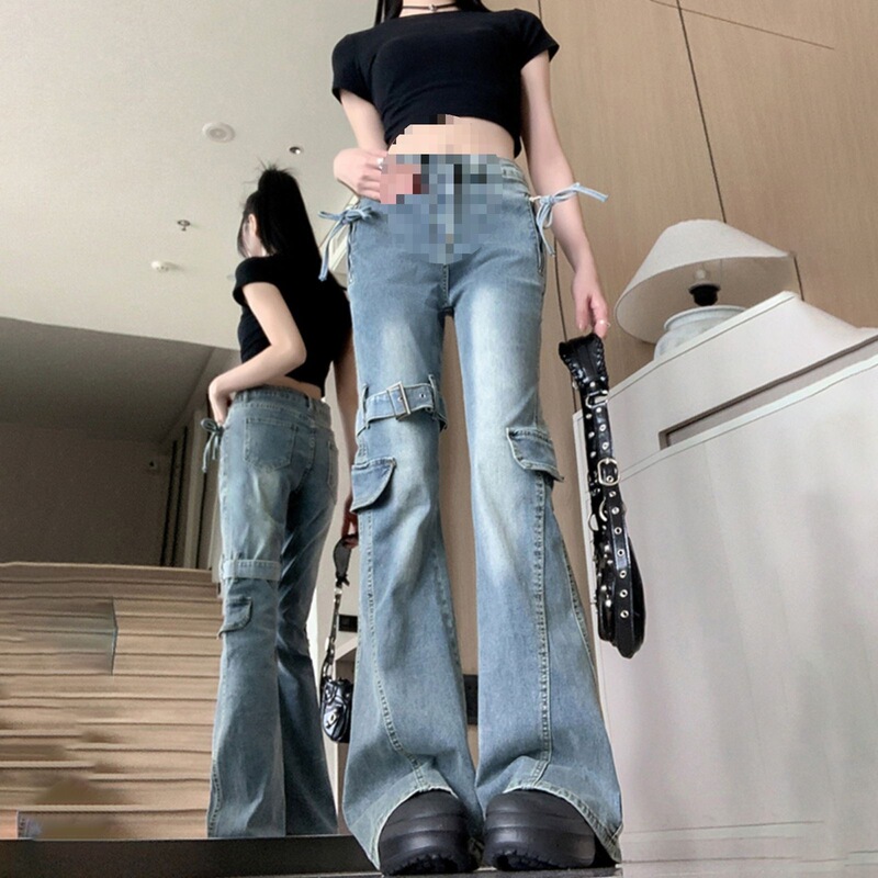 Micro-Tie Retro Patchwork Design Spring/Summer American-Style Slimming Flared Jeans for Women, Straight-Leg Pants, Workwear Fit