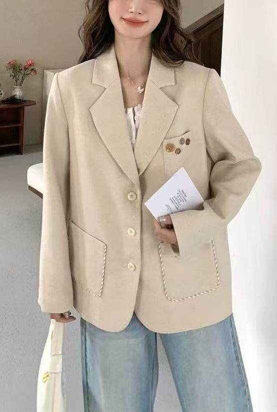 Áo vest nữ dáng suông thanh lịch, tay dài, cổ vest, phong cách công sở — Màu yến mạch (chất lượng cao) chi tiết 6