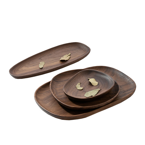 Black walnut tea tray solid wood round fruit tray dinner plate wooden tray solid wood new Chinese style personalized wooden tray