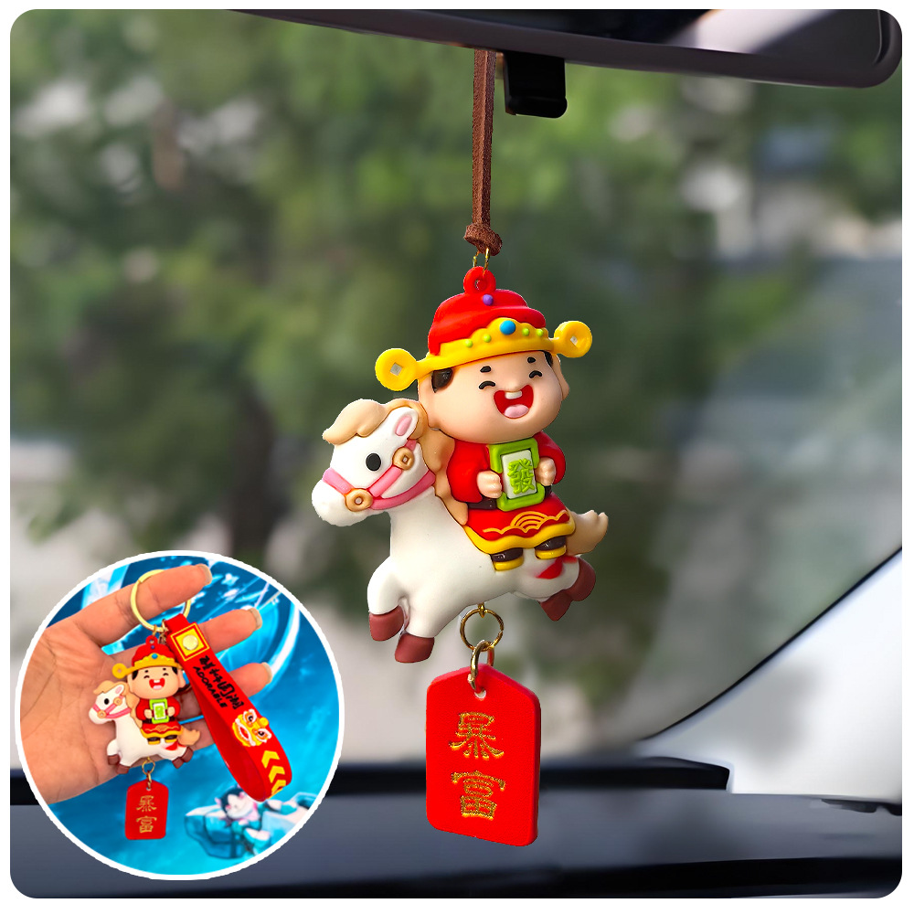 Año Nuevo del Caballo Mascota Colgante de automóvil Dios de la fortuna Muñeca Keychain Colgante de automóvil eléctrico Espejo retrovisor interior