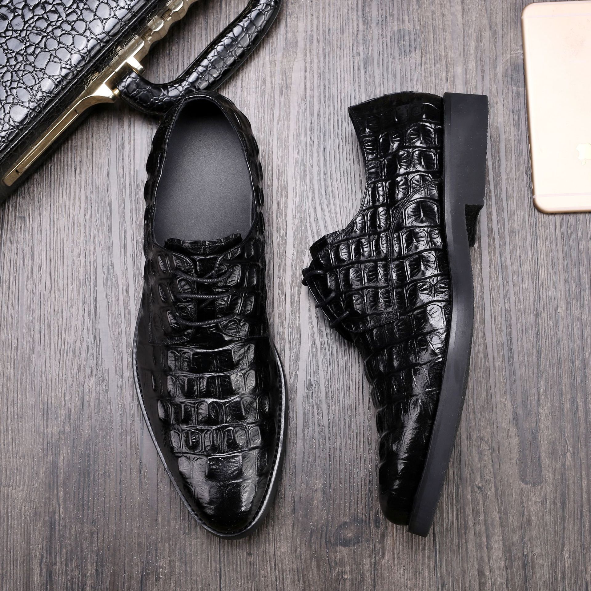 Men's top layer cowhide crocodile pattern leather business dress genuine leather, British round toe thick sole Derby_voghion.com