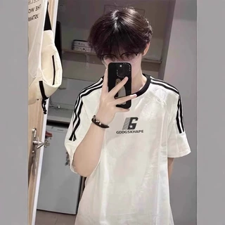可供海外批发~重磅纯棉短袖T恤男夏季2026年上衣三条杠国潮男女款