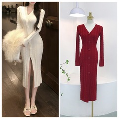 7896 Yujie 無地ドレス春 V ネックツイストブレストウエストスリットデザイン厚みのあるインナーロングスカート