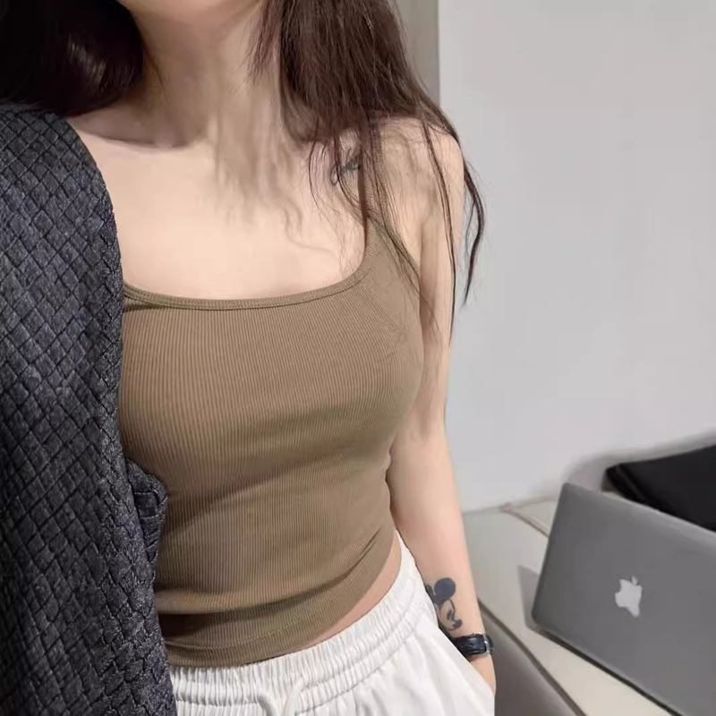 Threaded Small Square Collar Showing Chest and Waist Showing Thin Self-contained Chest Pad Camisole Vest Women's Inner Bra Anti-running Light Underwear Base