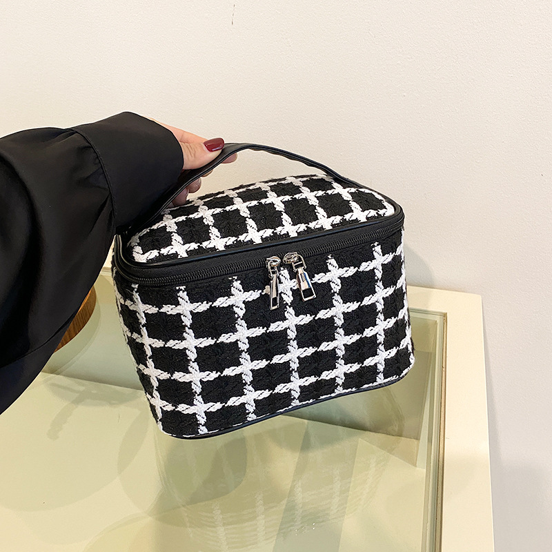 Neceser de Lana a Cuadros de Gran Capacidad - Estilo Coreano, para Maquillaje y Aseo