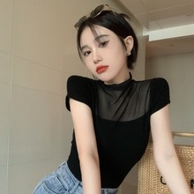 2025黑色网纱微透蕾丝拼接T恤夏季新款辣妹修身时尚短袖上衣女装