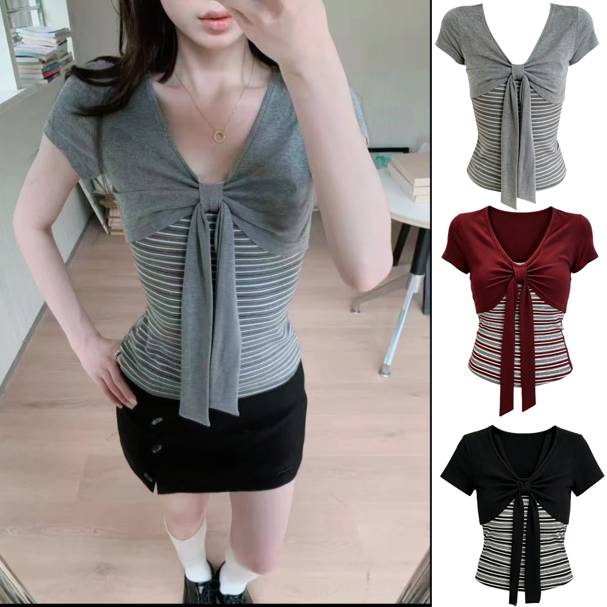 Lyocell Tencel American Style Striped Patchwork Faux Two-Piece Short-Sleeve T-Shirt for Women, Summer Slim Fit
