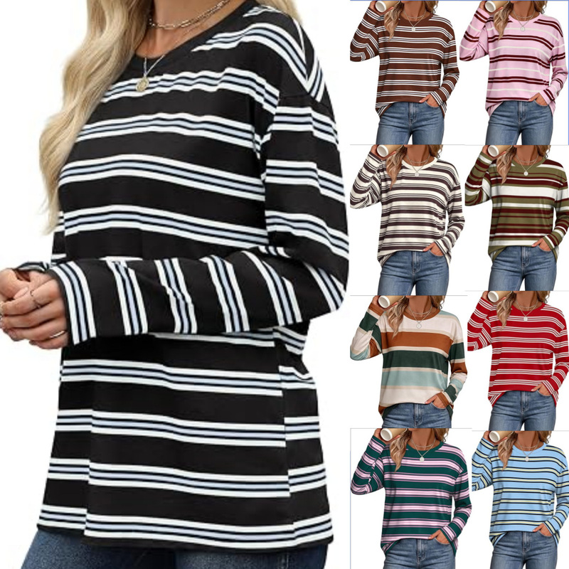 European and American cross-border Amazon 2026 autumn casual versatile round-neck loose striped long-sleeve knit T-shirt for women European and American cross-border Amazon 2026 autumn casual versatile round-neck loose striped long-sleeve knit T-shirt for women