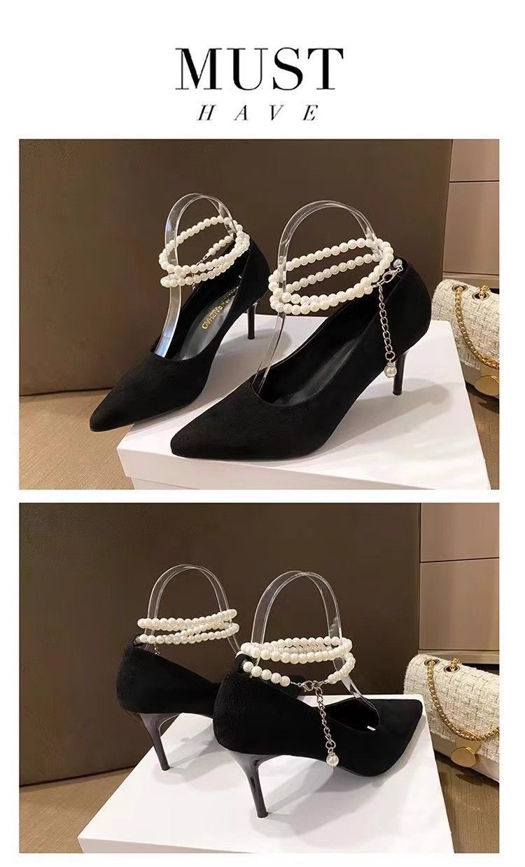 Pointed Toe Pumps 2024 New Model Pearl Suede High-End Fairy Black Thin Heel Non-Slip Strap High Heels For Women_voghion.com
