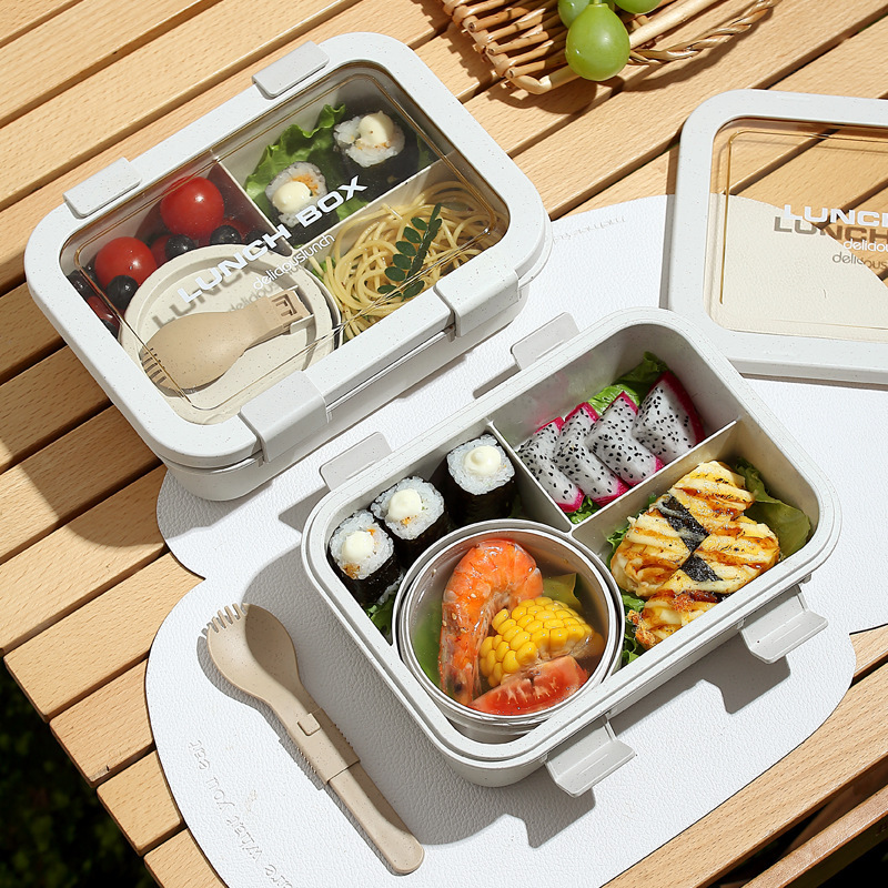 サラリーマンプラスチック分格弁当箱電子レンジ加熱学生カードランチ弁当箱スープ付き食器弁当箱|undefined