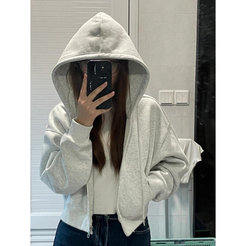 Foreign trade gray short long sleeve sweater coat women's spring and autumn new niche hooded zipper cardigan coat wholesale