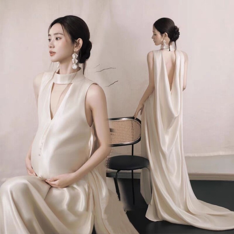 2025 Pregnant Women's Photo Clothing French Light Luxury Temperament Champagne Color Backless Dress Photo Studio Big Belly Photo Clothes