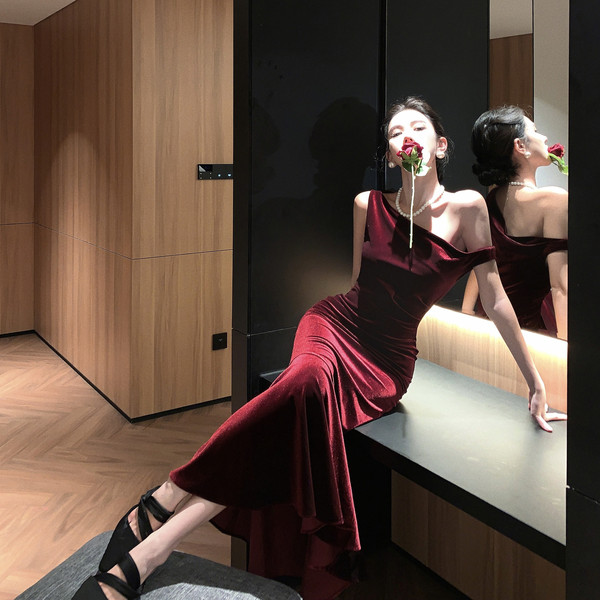 Red velvet evening dress