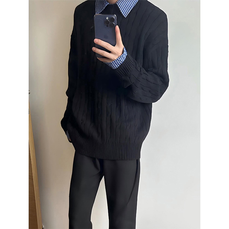 YKEE美式复古绞花假两件POLO领毛衣男秋季cleanfit慵懒针织衫上衣|undefined