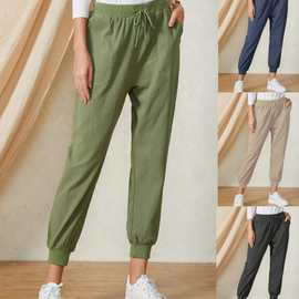 2021亚马逊wish新款女士时尚绑带宽松束脚休闲长裤【大量现货】