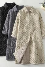 复古菱格波点印花夹棉风衣棉服外套女冬宽松大码显瘦长款棉衣开衫