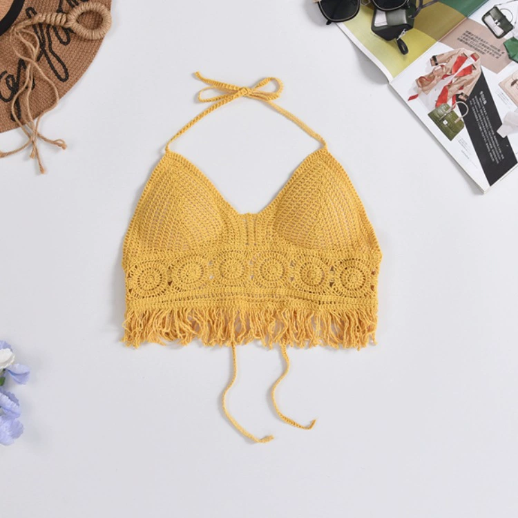 Bra top / knitted crop tank with cups and straps, backless, embroidered trim, one size