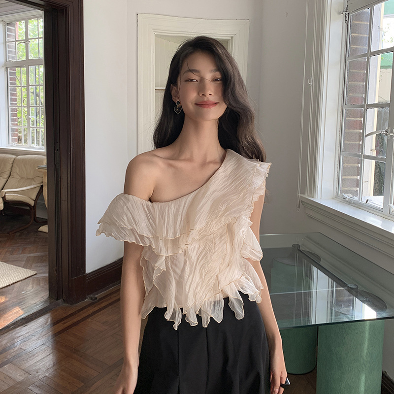 Interpreting Beauty New Open Summer Off-Shoulder Top for Women French Style Sweet Ruffled Chiffon Blouse 82570
