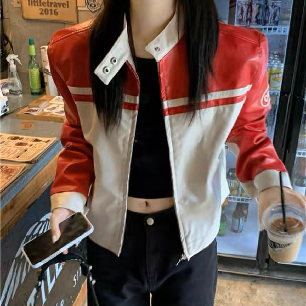 港味美式外套女2026冬季新款黑白撞色上衣宽松高腰机车棒球服ins
