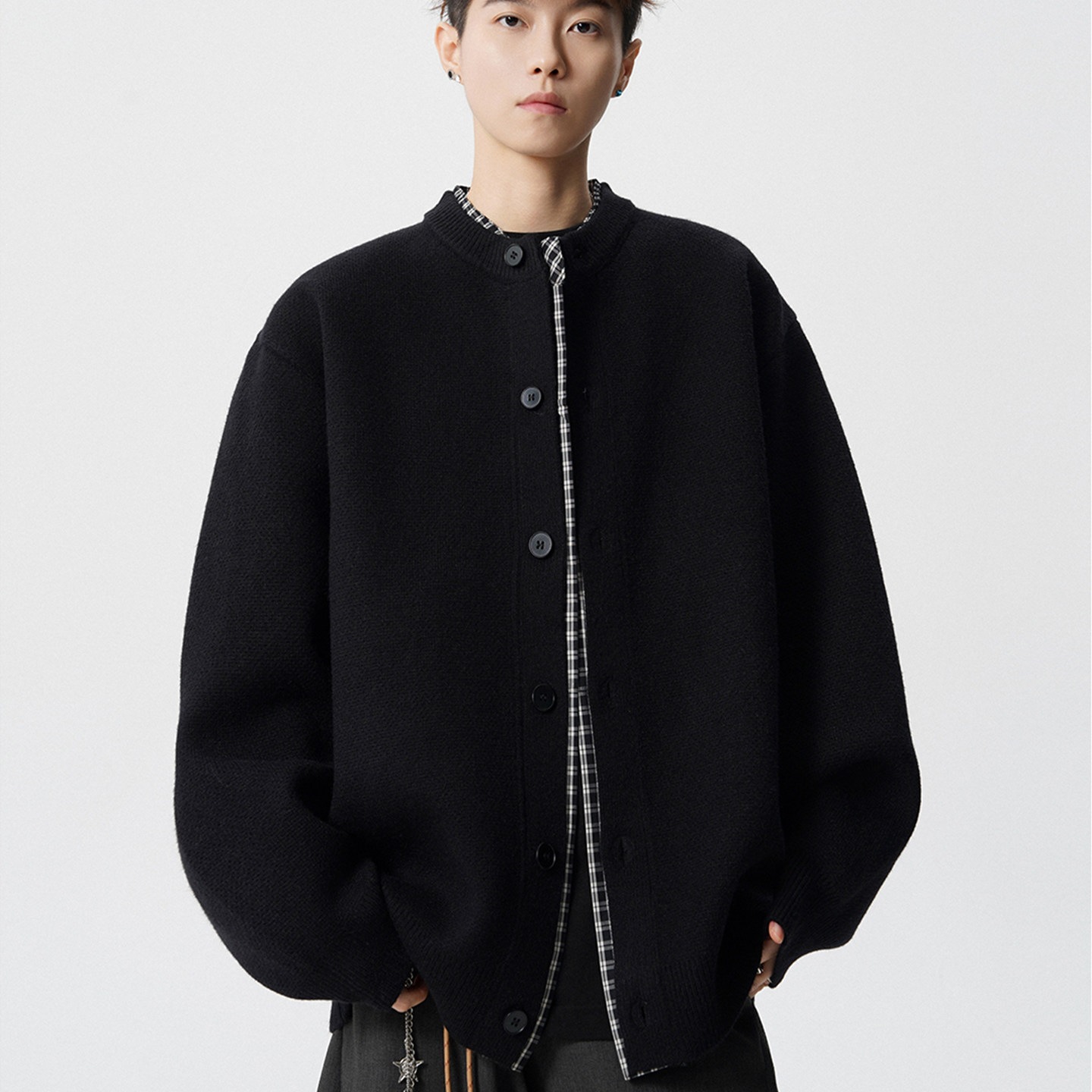 Fake two-piece cardigan, loose-fitting, winter, casual style, knitted sweater, men's, plaid patchwork