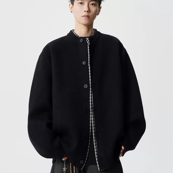 Fake two-piece cardigan, loose-fitting, winter, casual style, knitted sweater, men's, plaid patchwork