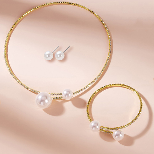 European and American Jewelry Minimalist Clavicle Necklace, Earrings, Bracelet Set Diamond-encrusted Large Pearl Open Necklace Jewelry