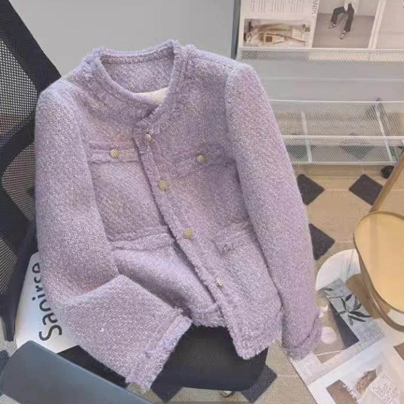 This Year's Trendy Beautiful Purple Chanel-Style Jacket, New Korean Drama Outfit for Spring and Autumn, Tweed Elegant Socialite Top