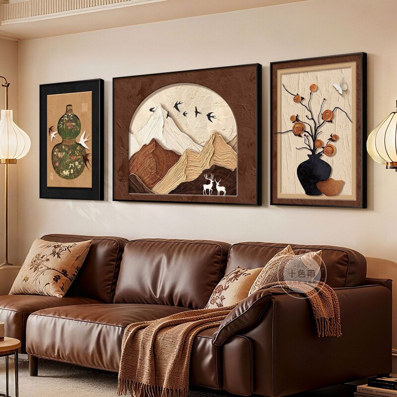 Ancient-style triptych with persimmon motifs, featuring a European-inspired design, creating a retro and elegant atmosphere for living room decoration, suitable for use as a wall art piece or as a backdrop for the sofa Ancient-style triptych with persimmon motifs, featuring a European-inspired design, creating a retro and elegant atmosphere for living room decoration, suitable for use as a wall art piece or as a backdrop for the sofa