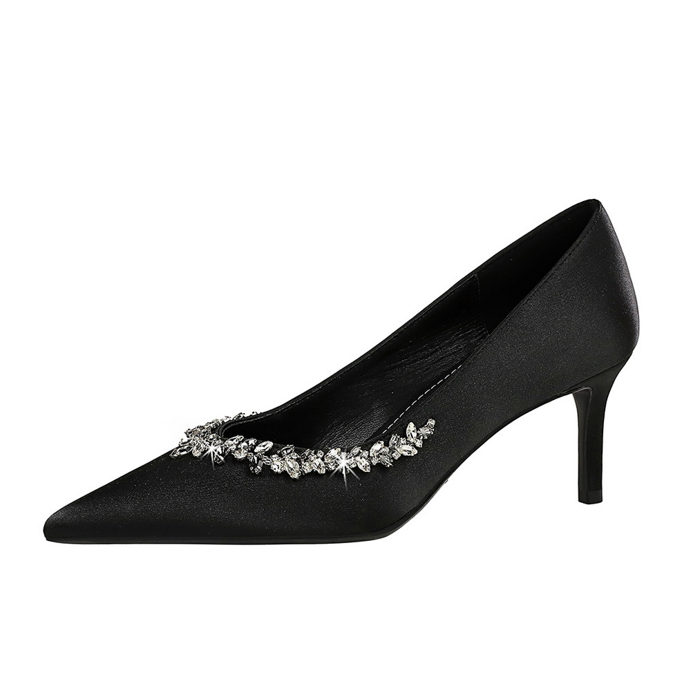 1926-A2 Fashion Banquet High Heels with Thin Heels, Shallow Mouth, Sharp Point, Silk, Water Diamond, Slimming High Heels, Single Shoes for Women