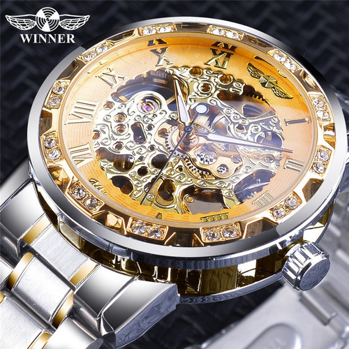 Winner drop shipping winner watch men's fashion casual hollow rhinestone manual mechanical watch men's trendy