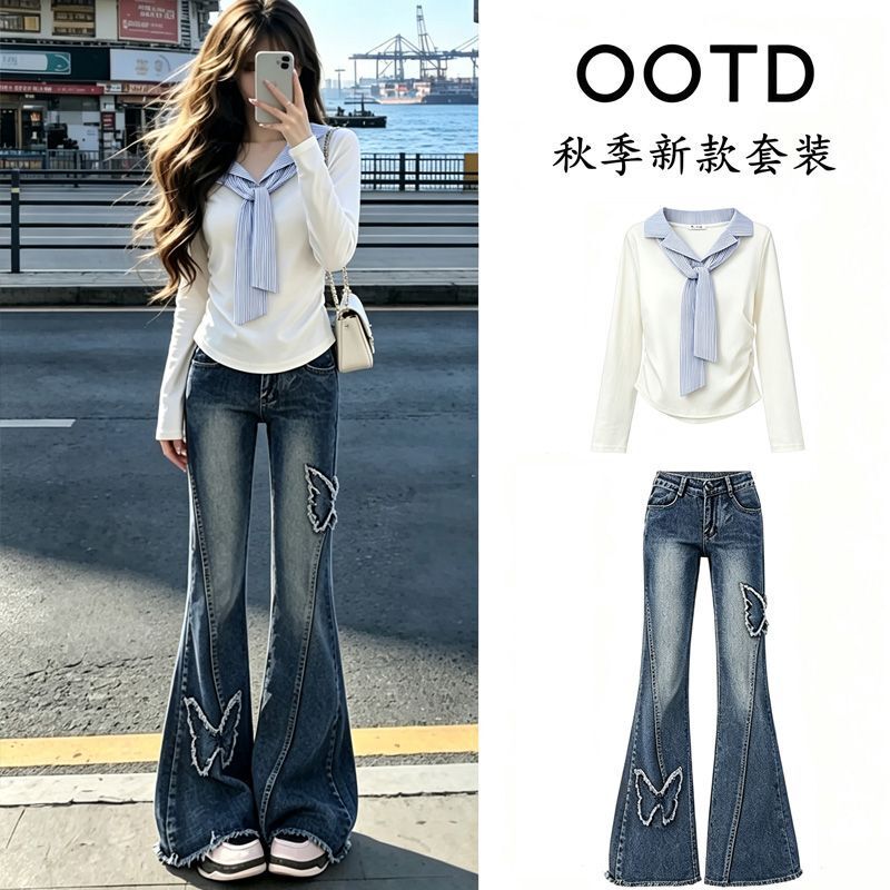 Fashion suit # Striped tie, V-neck long-sleeve embroidered shirt with butterfly embroidery, paired with slightly flared jeans