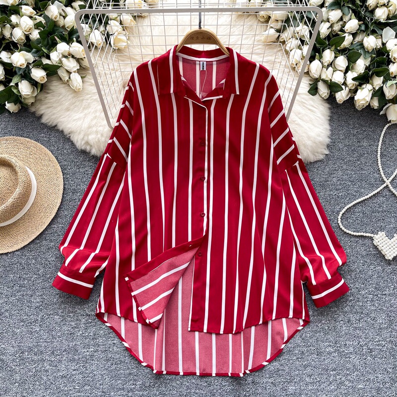 Long Sleeve Striped Shirt Women's Autumn New European and American Style Casual All-match Loose Midi plus size Shirt Trendy Long Sleeve Striped Shirt Women's Autumn New European and American Style Casual All-match Loose Midi plus size Shirt Trendy
