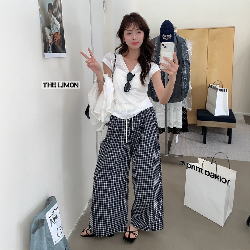 THE LIMON Lemon Green Tea Verano Nuevo estilo coreano Colisionamiento Cordón Delgado a cuadros Pantalones rectos casuales Mujeres image 5