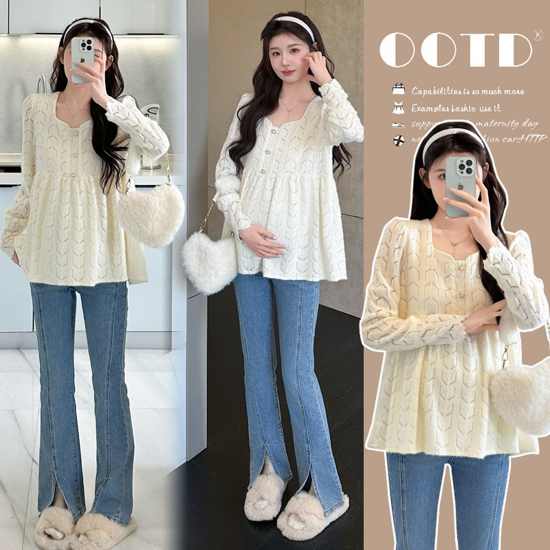 Real Shot~Autumn and Winter French Style Square Neck Lace Shirt Maternity Top