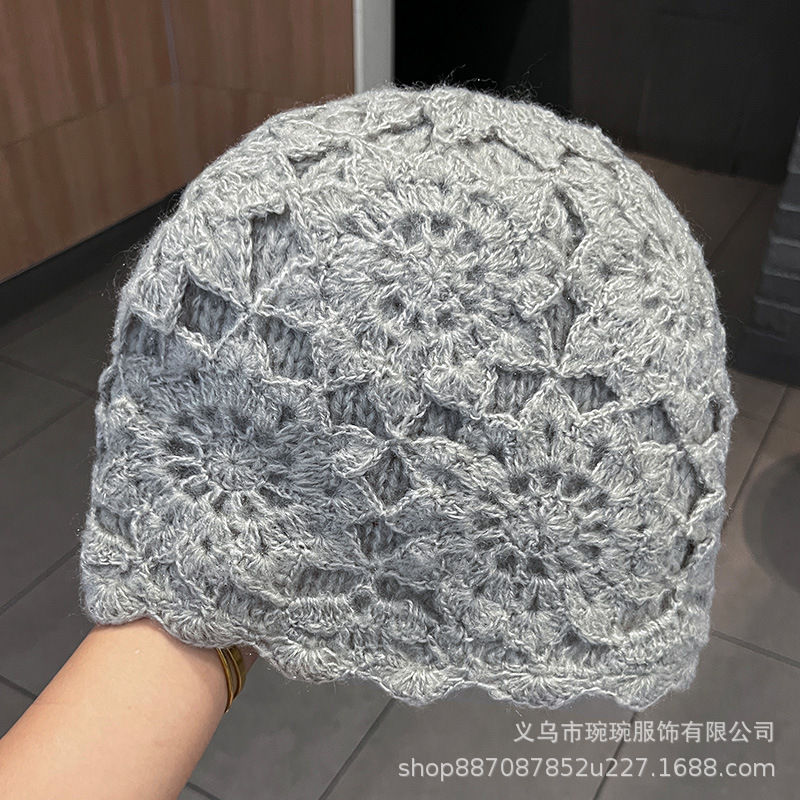 手工钩花双层加厚包头帽子女秋冬韩版百搭保暖针织时尚洋气毛线帽|undefined