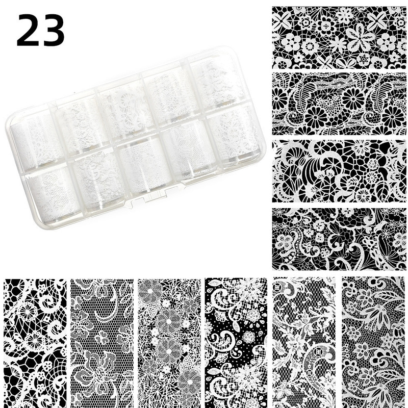 New cross-border nail art black and white lace 10-piece transfer paper set in a box, starry sky nail stickers, plaid hot girl style