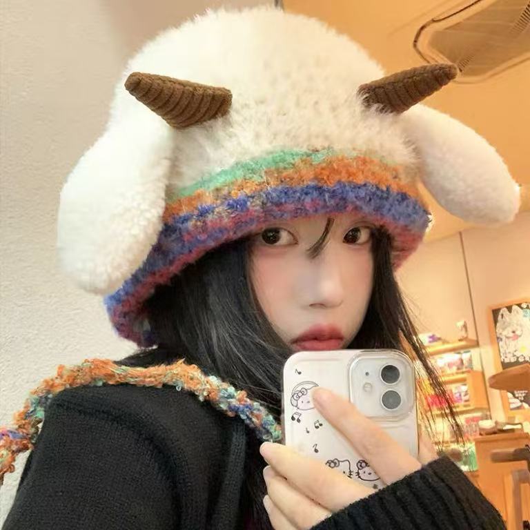 可爱小羊毛绒帽子女秋冬季新款加厚保暖护耳帽大头围针织包包帽