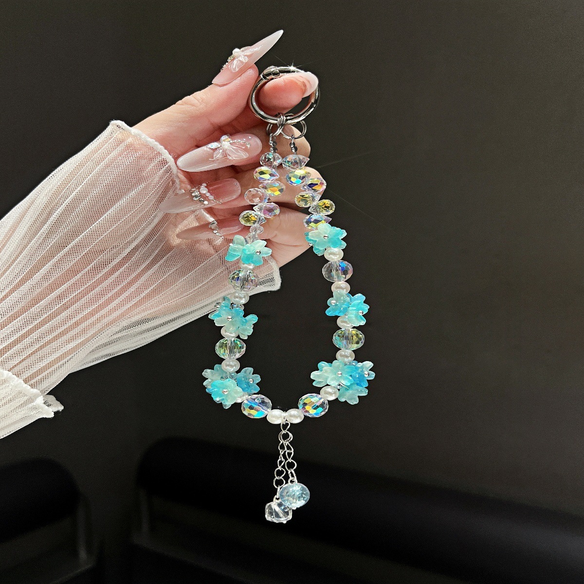 Cadena de teléfono móvil de cristal al por mayor, cadena colgante de carcasa de teléfono móvil de nicho, nueva gota de agua tridimensional, borla de copo de nieve, cordón de cuentas, hada