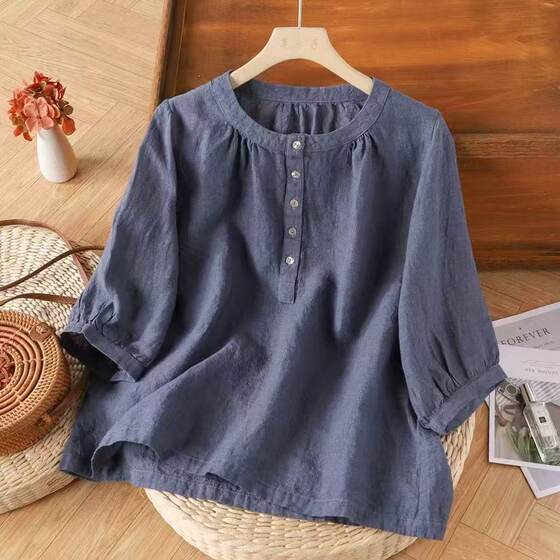 Vintage Cotton Linen Shirt Women's Half Sleeve Spring and Summer New Cotton Small Shirt Loose Belly Covering Top Mother's plus size Shirt