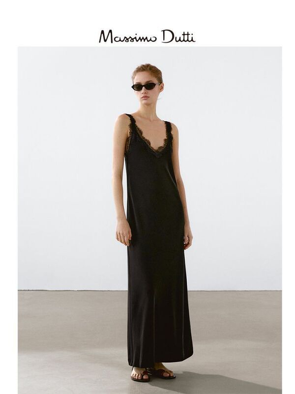 Massimo Dutti2026 Women's Black Sexy Lace Neckline Flowing Long V-Neck Tank Dress