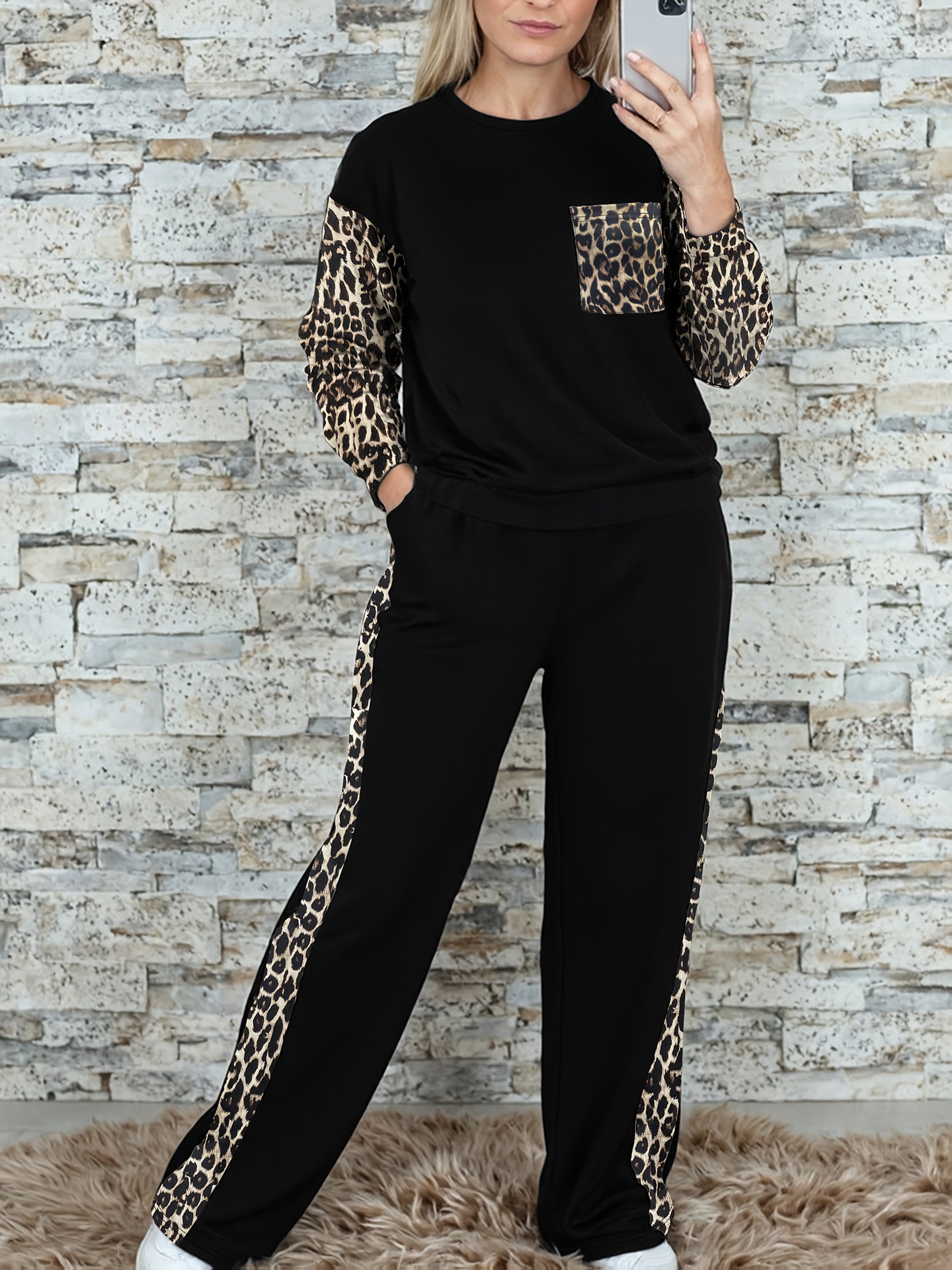 Women's Leopard Print Two Piece Set Crew Neck Top & High Waisted Trousers European American Style Trendy Winter Outfit_ecoleips.com