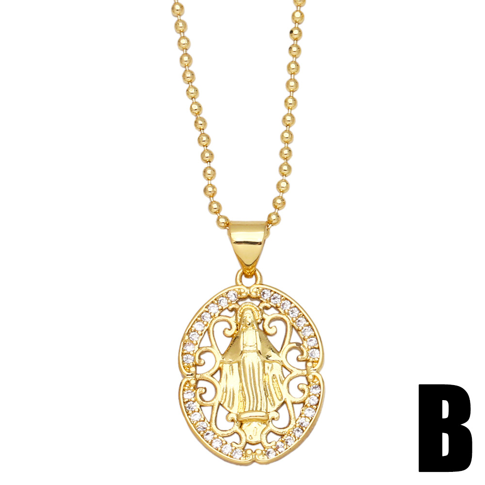 retro golden hollow Virgin Mary tag pendant zircon copper necklace jewelry