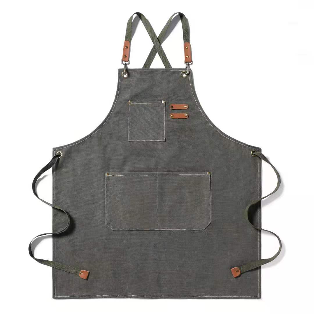 Delantal de algodón de lona impermeable y a prueba de aceite transfronterizo, delantal de trabajo de mezclilla de jardinería de cocina de cafetería al por mayor
