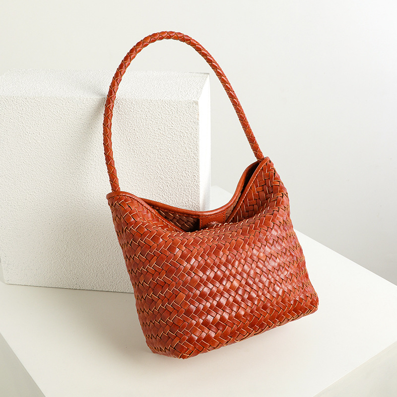 Vacation Lazy Style Retro Casual Hand-Woven Bucket Bag, Handheld Market Basket Bag, Single Shoulder Underarm Bag - Thumbnail 3