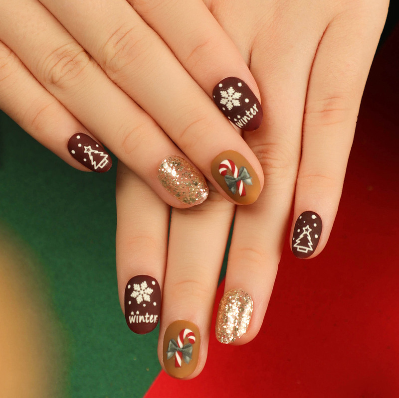 Cross-Border Export Christmas Manicure Short Glitter Christmas Wear Nails Nail Stickers Manicure Snowflake Fake Nails