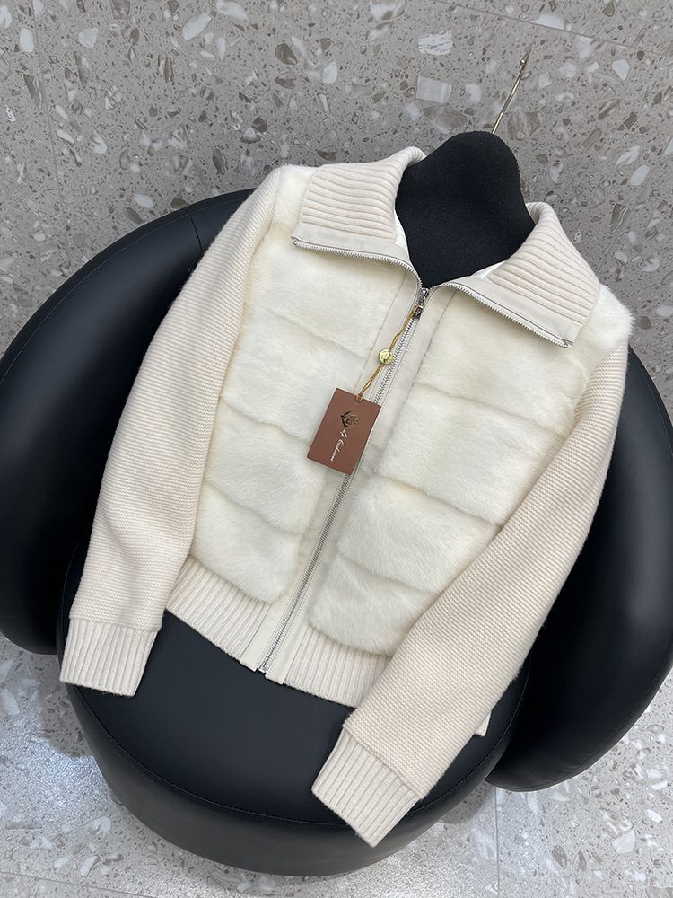 Demi-season white knitted down jacket